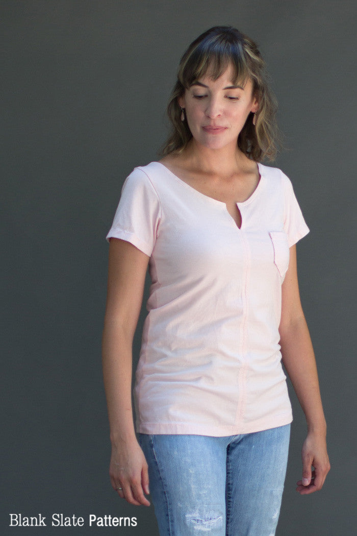 Austin T-shirt by Blank Slate Patterns - Tshirt sewing pattern for women with basic round neck, split neck with center seam, 3 sleeve lengths, and tie front tshirt option