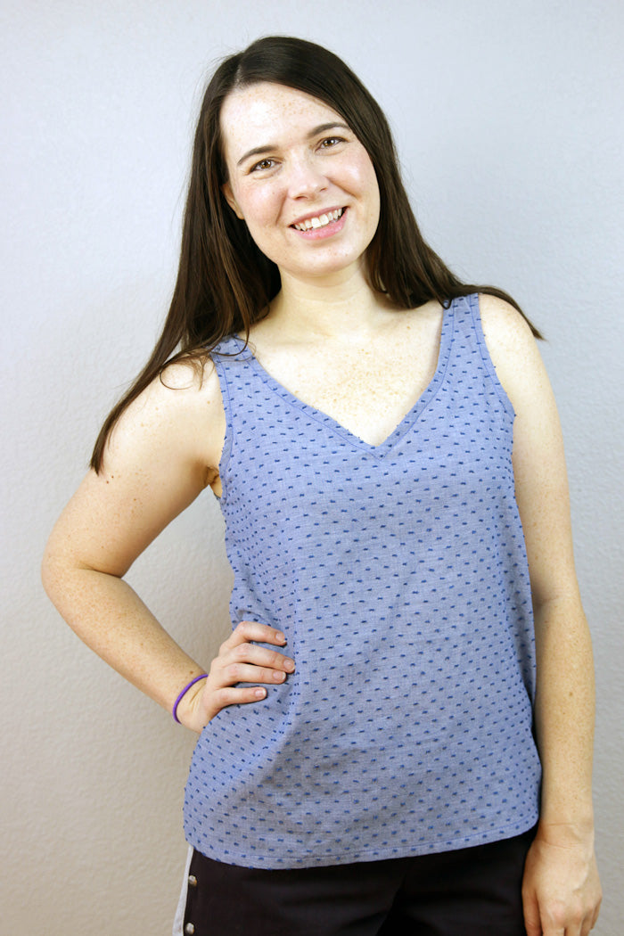 Easy to sew woven tank sewing pattern by Blank Slate Patterns - scoop neck paired with Garnet Shorts