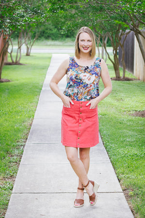 Easy to sew woven tank sewing pattern by Blank Slate Patterns - scoop neck. Paired with Tillery Skirt