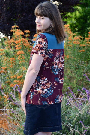 Floral T shirt with Contrast Yoke - Juniper Jersey - Women's T-Shirt Sewing Pattern by Blank Slate Patterns