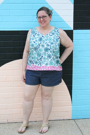 Easy to sew woven tank sewing pattern by Blank Slate Patterns - V neck paired with Garnet Shorts