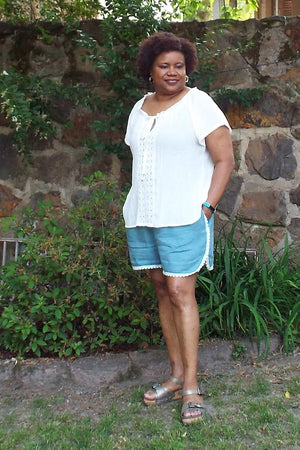 Lace trim - Barton Shorts Sewing Pattern by Blank Slate Patterns. Lace or bias tape trim or simple hem with pockets! 3 inch and 5 inch inseams. Perfect for summer!