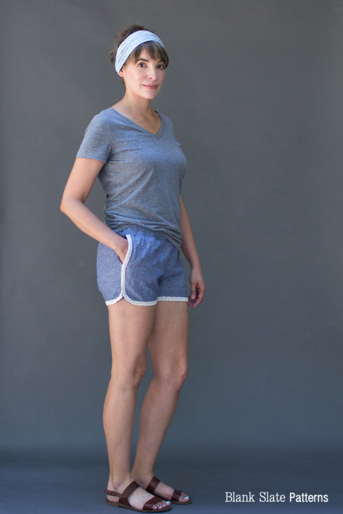 Lace trim version - Barton Shorts Sewing Pattern by Blank Slate Patterns. Lace or bias tape trim or simple hem with pockets! 3 inch and 5 inch inseams. Perfect for summer!