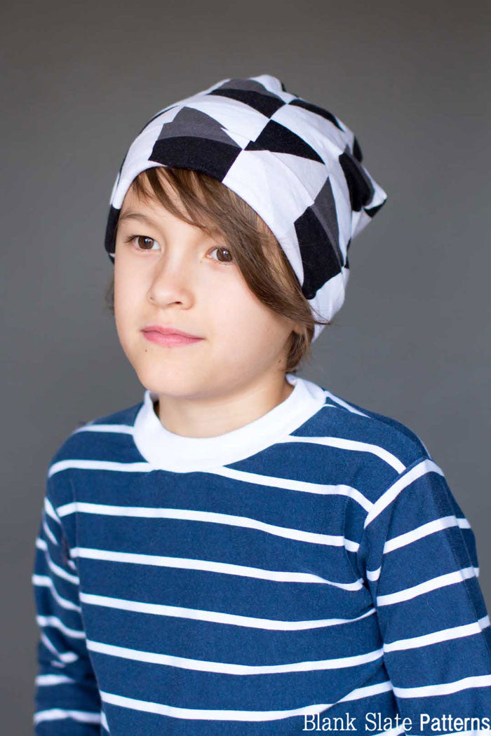Child Size - Blank Slate Patterns Slouchy Beanie Hat Pattern - Sew a stretchy knit hat