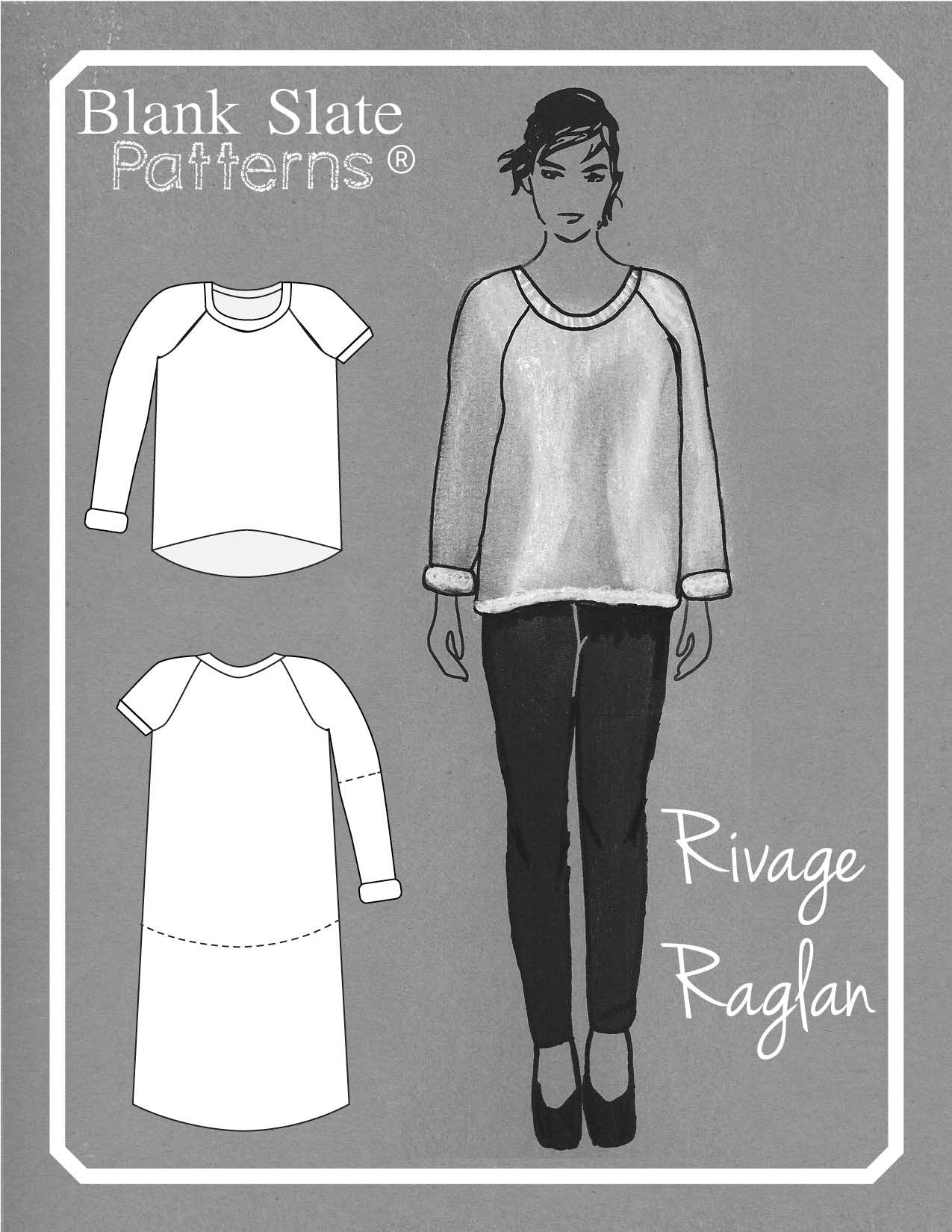 Rivage Raglan - women's raglan t-shirt, sweatshirt, and dress sewing pattern by Blank Slate Patterns. Line drawing. 