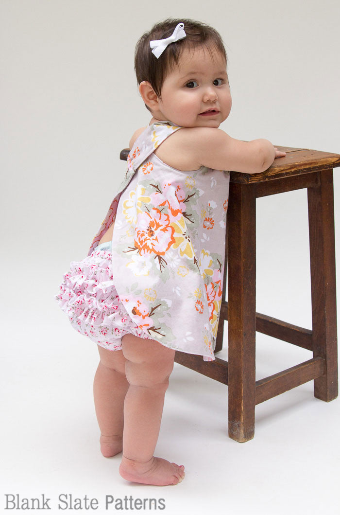Criss Cross Pinafore Dress and Buttercup Bloomers - Baby Girl dress sewing pattern by Blank Slate Patterns