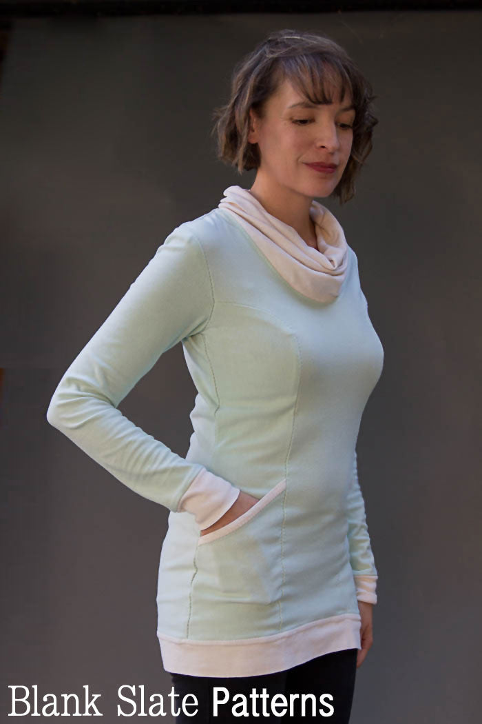 Denver sewing pattern by Blank Slate Patterns. Women's fitted tunic length with cowl neck and long sleeves