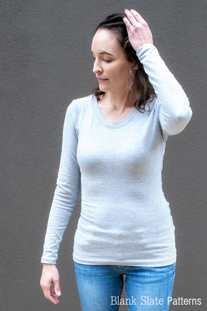 Women's Long Sleeve Fitted T-shirt Sewing Pattern - Abrazo Tee by Blank Slate Patterns