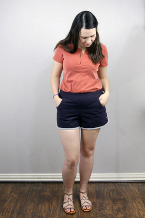 Woven shorts sewing pattern with side buttons by Blank Slate Patterns - paired with Austin Tee