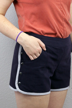 Woven shorts sewing pattern with side buttons by Blank Slate Patterns