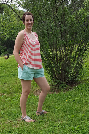 Hemmed version - Barton Shorts Sewing Pattern by Blank Slate Patterns. Lace or bias tape trim or simple hem with pockets! 3 inch and 5 inch inseams. Perfect for summer!