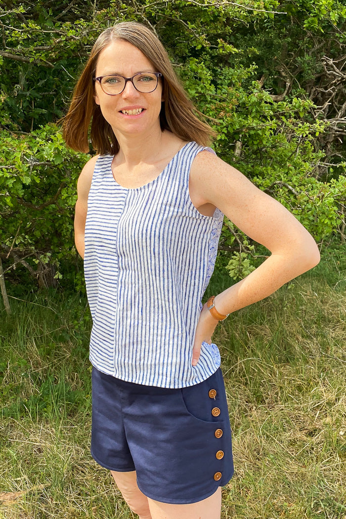 Woven shorts sewing pattern with side buttons by Blank Slate Patterns - paired with Hathaway Tank