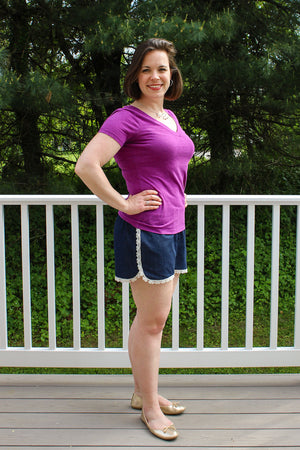 Lace trim - Barton Shorts Sewing Pattern by Blank Slate Patterns. Lace or bias tape trim or simple hem with pockets! 3 inch and 5 inch inseams. Perfect for summer!
