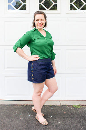 Woven shorts sewing pattern with side buttons by Blank Slate Patterns