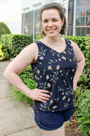 Easy to sew woven tank sewing pattern by Blank Slate Patterns paired with Garnet Shorts