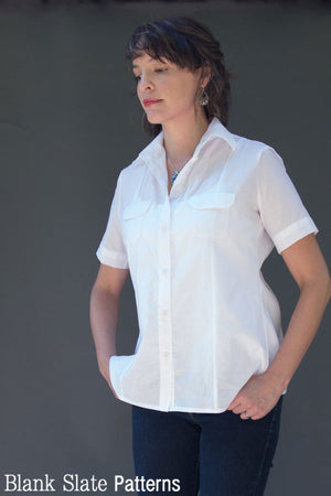 Short Sleeve Version Front View - Novelista Shirt Sewing Pattern for Women - Button Down Shirt Sewing Pattern by Blank Slate Patterns