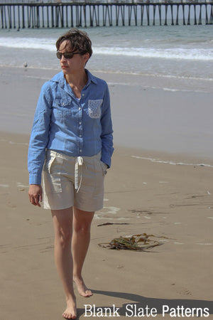 Take a walk on the beach in these Oceanside Shorts - Shorts Sewing Pattern by Blank Slate Patterns