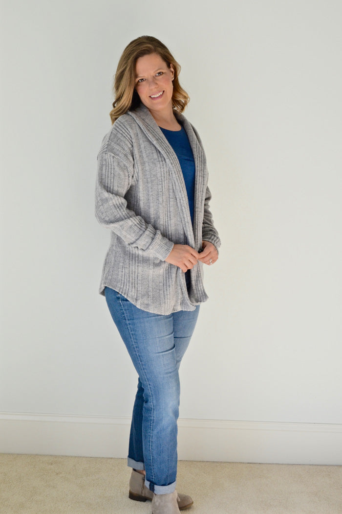 Ribbed Sweater Knit - Sora shawl collar sweater - pullover cardigan sewing pattern - women's cardigan sewing pattern - Blank Slate Patterns 