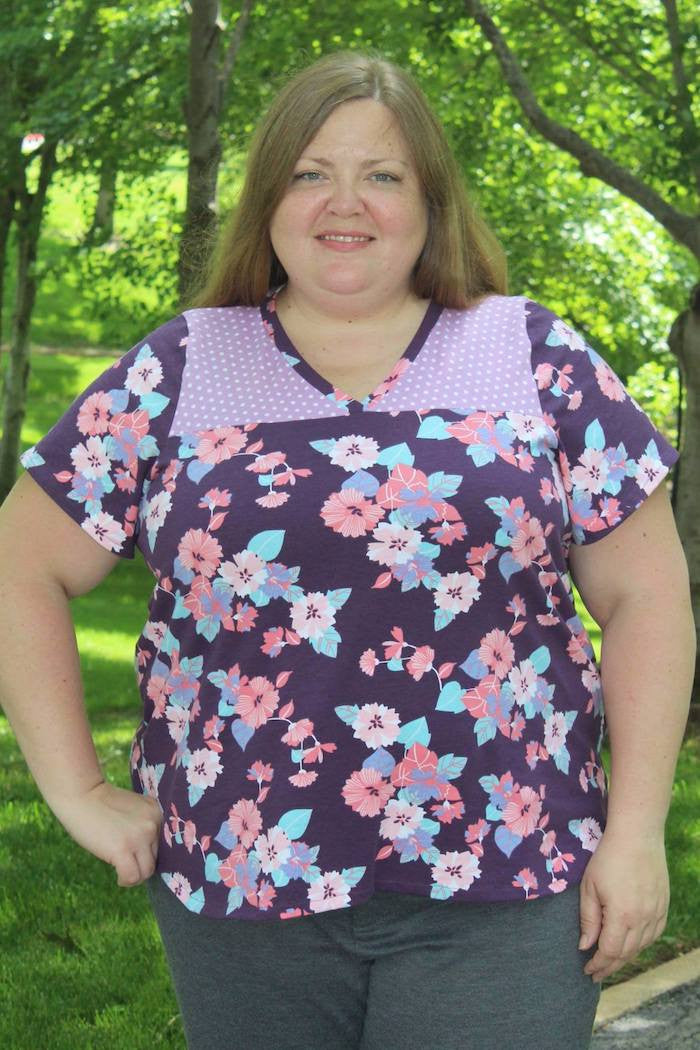 Plus size Floral T shirt with Contrast Yoke - Juniper Jersey - Women's T-Shirt Sewing Pattern by Blank Slate Patterns