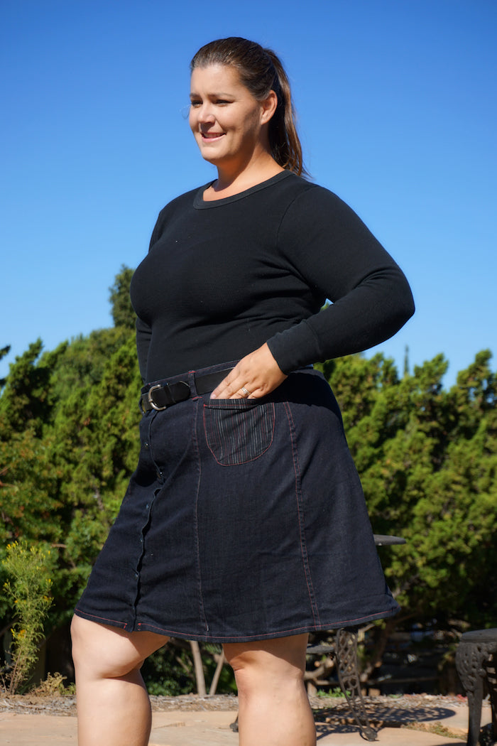 Knee Length Version - Tillery Skirt by Blank Slate Patterns - Snap Front Skirt Sewing Pattern - Denim Mini Skirt Pattern