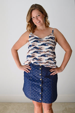 Tillery Skirt by Blank Slate Patterns - Snap Front Skirt Sewing Pattern - Denim Mini/Knee/Midi Skirt Pattern
