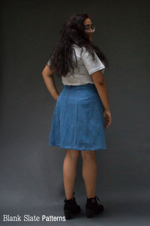 Back View - Tillery Skirt by Blank Slate Patterns - Snap Front Skirt Sewing Pattern - Denim Mini Skirt Pattern
