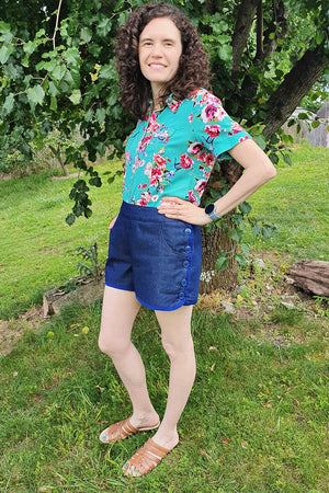 Woven shorts sewing pattern with side buttons by Blank Slate Patterns - paired with Novelista Shirt