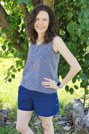 Easy to sew woven tank sewing pattern by Blank Slate Patterns - scoop neck wit pocket paired with Garnet Shorts