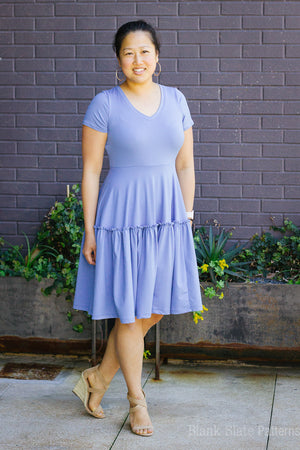 Woman in light blue dress - Tiered dress pattern - Verbena Dress from Blank Slate Patterns - stretch knit dress pattern