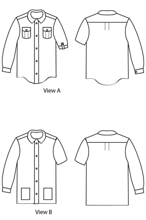 Views A & B Line Drawings - Bookworm Button Up Sewing Pattern by Blank Slate Patterns for Pattern Anthology